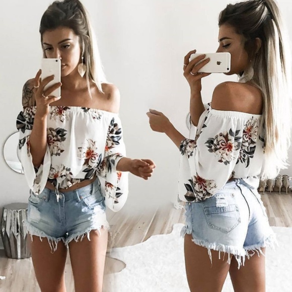 Tops - Floral Off The Shoulder Blouse With Neck Tie NWT!